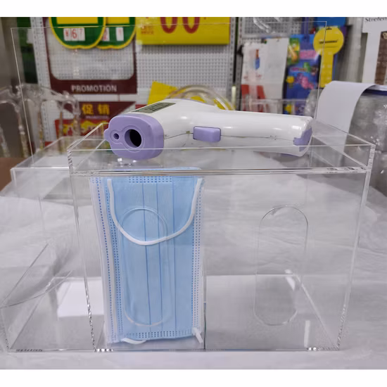 Caja de almacenamiento de acrílico para mostrador hecha a mano personalizada para mascarilla, pañuelos y termómetro desinfectante